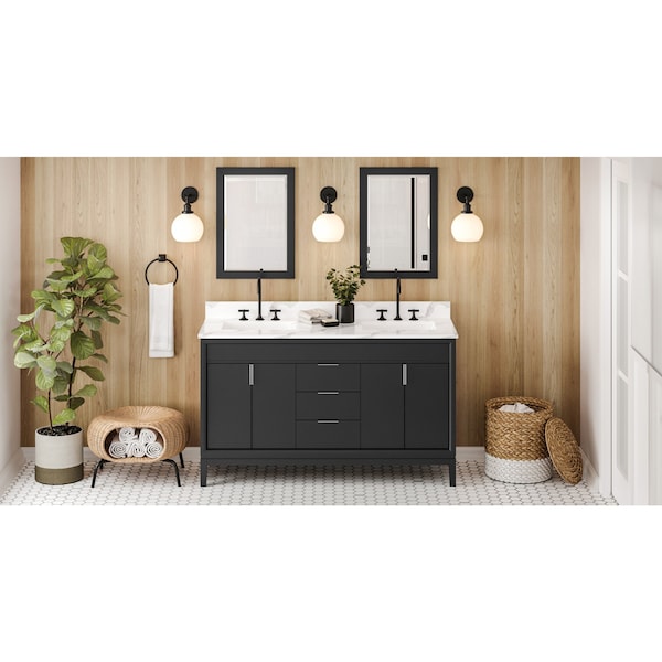 Jeffrey Alexander 60In. Black Theodora Vanity, Dbl Bowl, Calacatta Vienna Quartz Vanity Top, 2 Undrmnt Rctngl Bowls VKITTHE60BKCQR - main